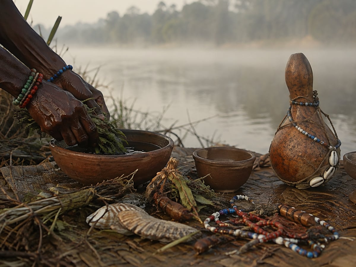 Préparation de plantes au bord du fleuve : calebasse, cauris et colliers de perles d’un travail traditionnel