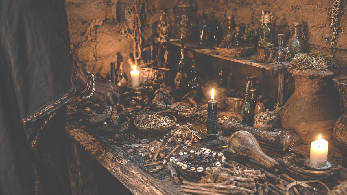 Autel de protection : bougies, jarres et amulettes dans une pièce sombre