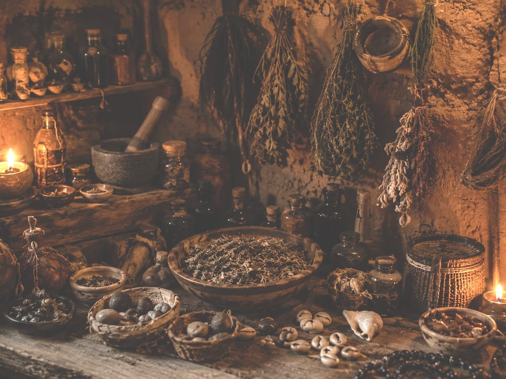 Réserve de plantes, calebasses et fioles préparées pour un rituel